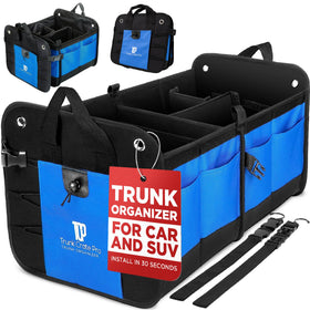 TRUNKCRATEPRO front view showing large blue organizer and capacity benefit