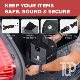 TRUNKCRATEPRO handles and clips up close for secure carrying and fastening