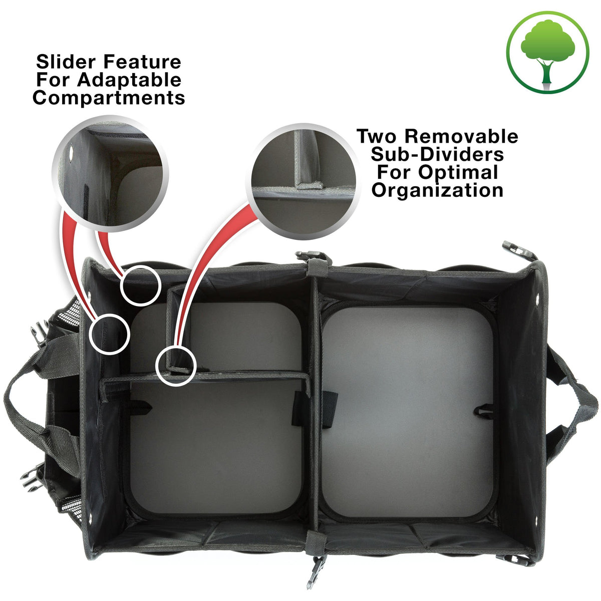 TRUNKCRATEPRO label and reinforced stitching close-up showing durability benefit