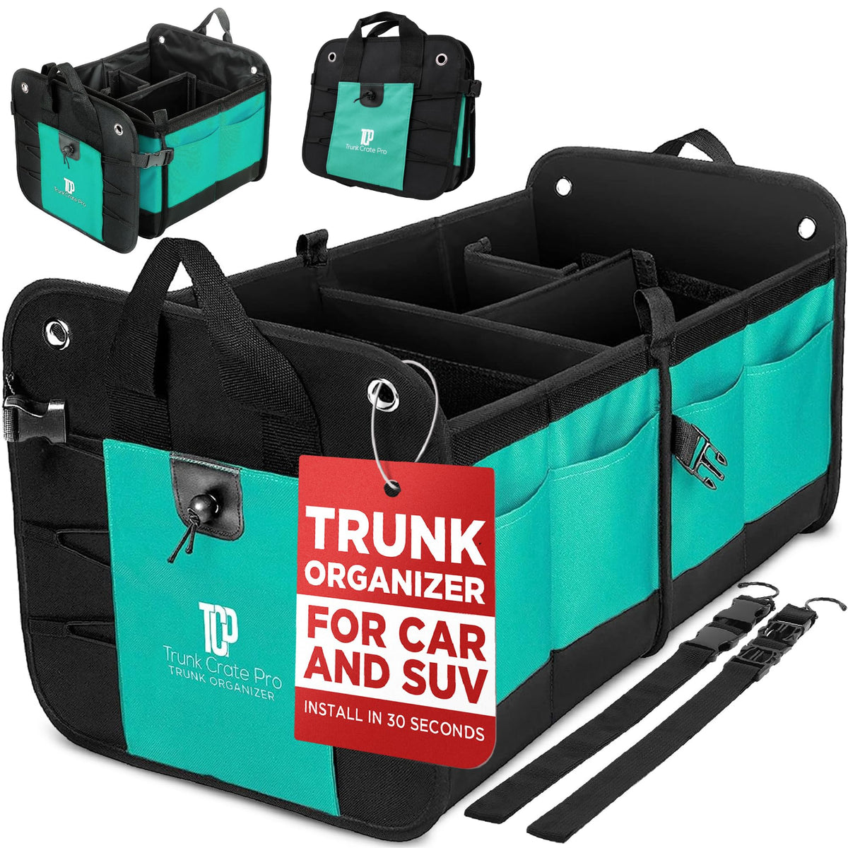 TRUNKCRATEPRO teal front view showing sturdy structure and storage benefit