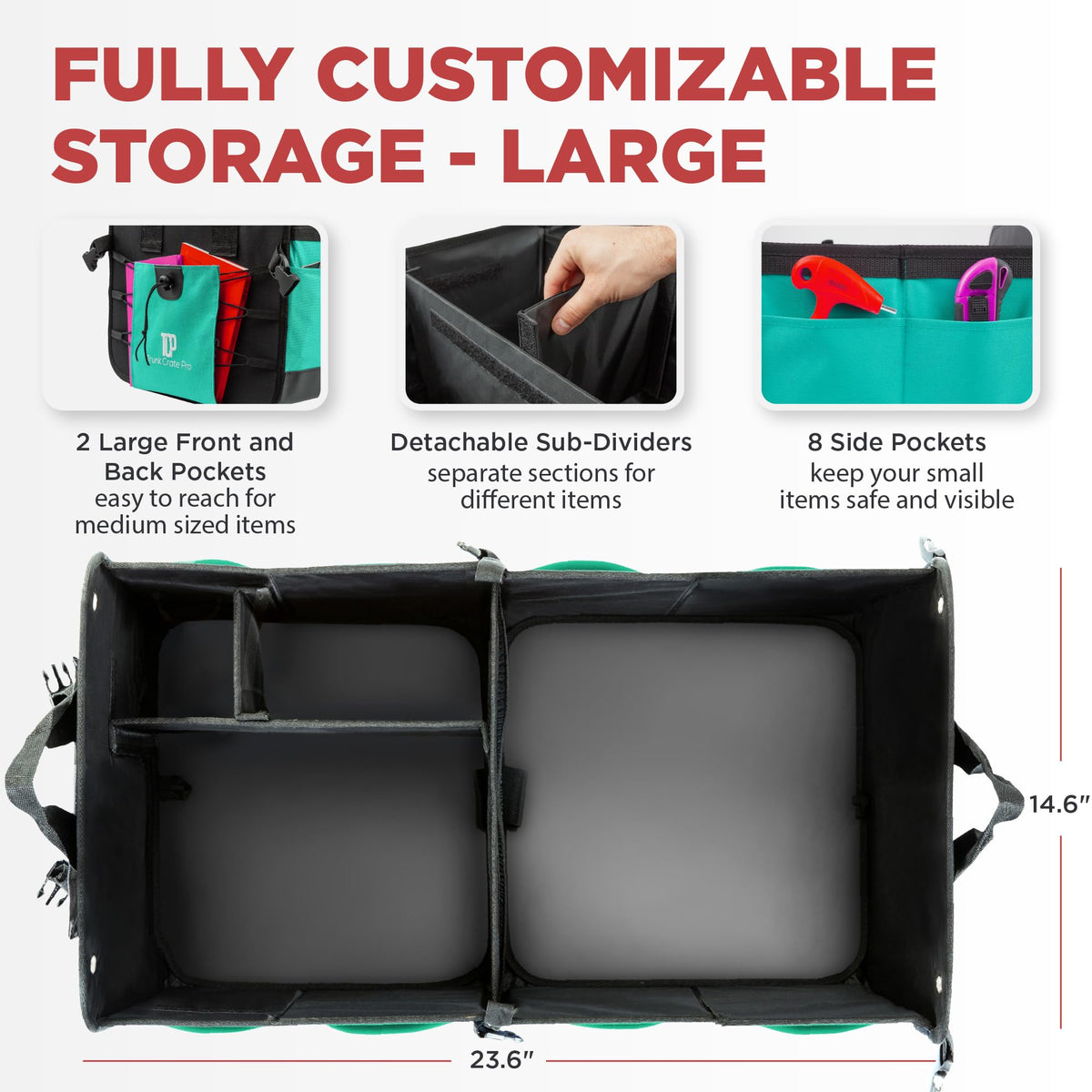TRUNKCRATEPRO teal open inside organization demonstrating compartments benefit