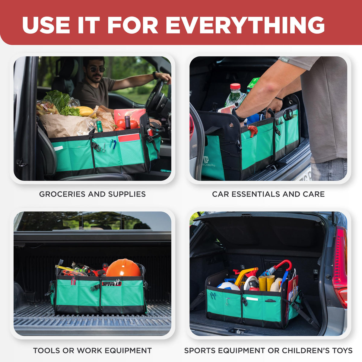 TRUNKCRATEPRO teal with groceries and gear showing secure transport benefit