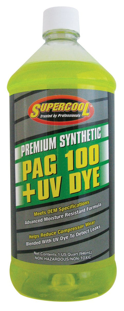 TSI Supercool bottle front view showing label and UV dye for faster leak detection