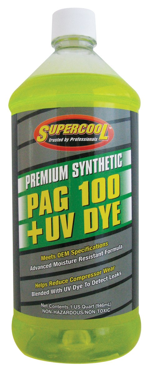 TSI Supercool bottle front view showing label and UV dye for faster leak detection