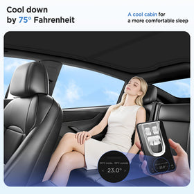 TSLDRV sunshade in parked Model Y offering cooler interior and protection benefit