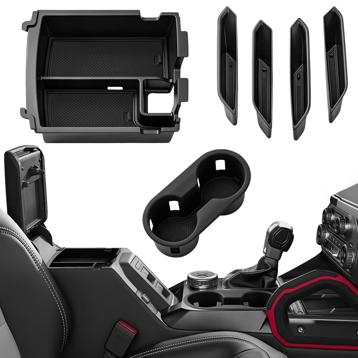 TSLDRV front center console overview showing organized compartments and tidy storage