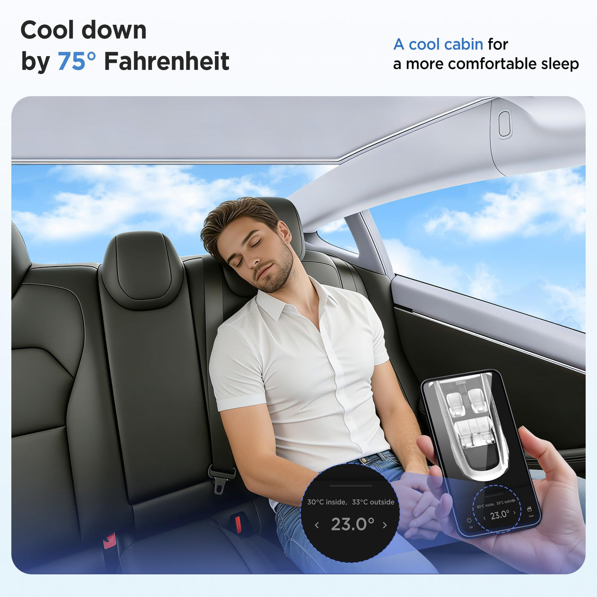 TSLDRV lifestyle image of parked Model 3 with shade for cooler cabin