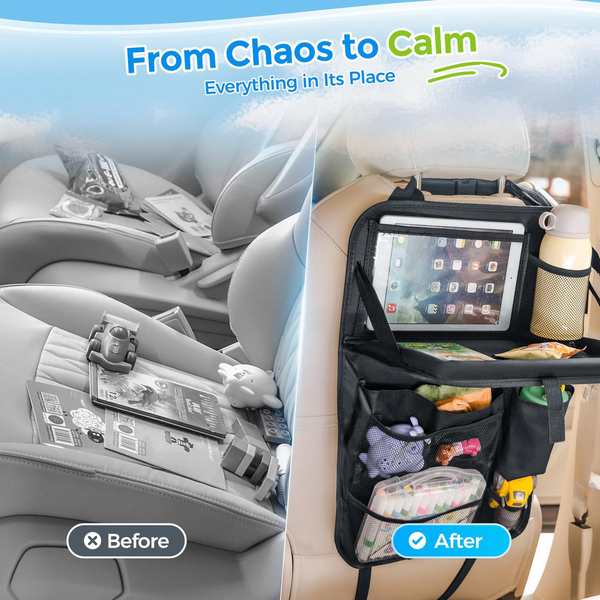 Tsumbay foldable tray open on seat offering stable surface for snacks and play