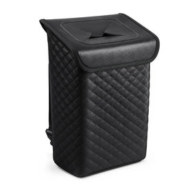 Tsumbay front view of leather trash can showing neat compact design benefit