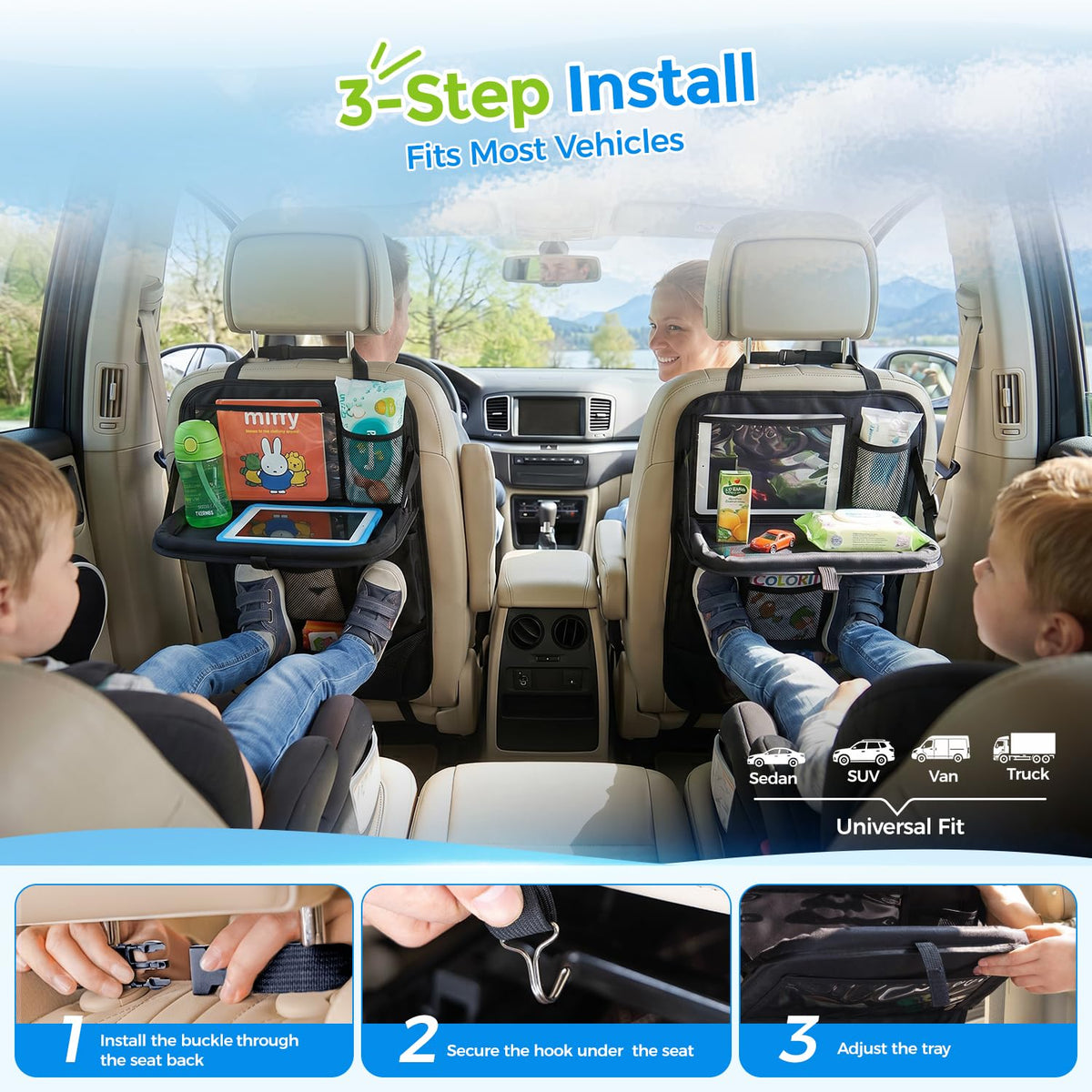Tsumbay installed in an SUV backseat protecting upholstery and organizing family gear