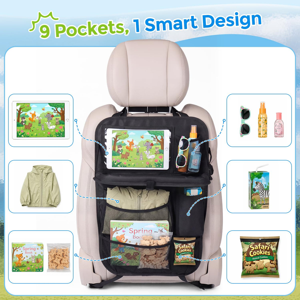 Tsumbay mesh and 3D pockets detail holding bottles and toys for quick organization