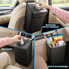 Tsumbay hanging behind headrest demonstrating hands-free reach and space-saving benefit