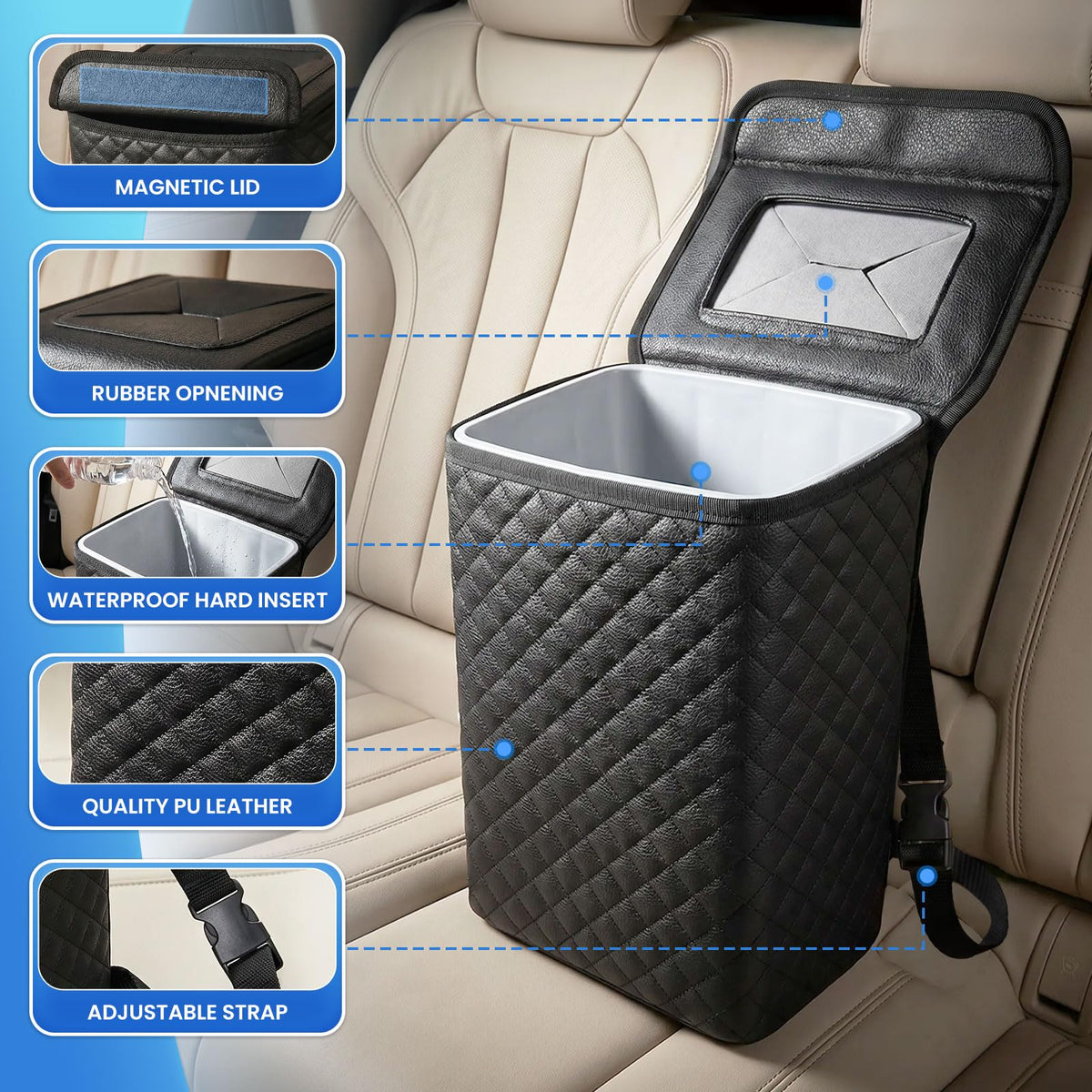 Tsumbay open magnetic lid revealing wide top access for quick disposal benefit