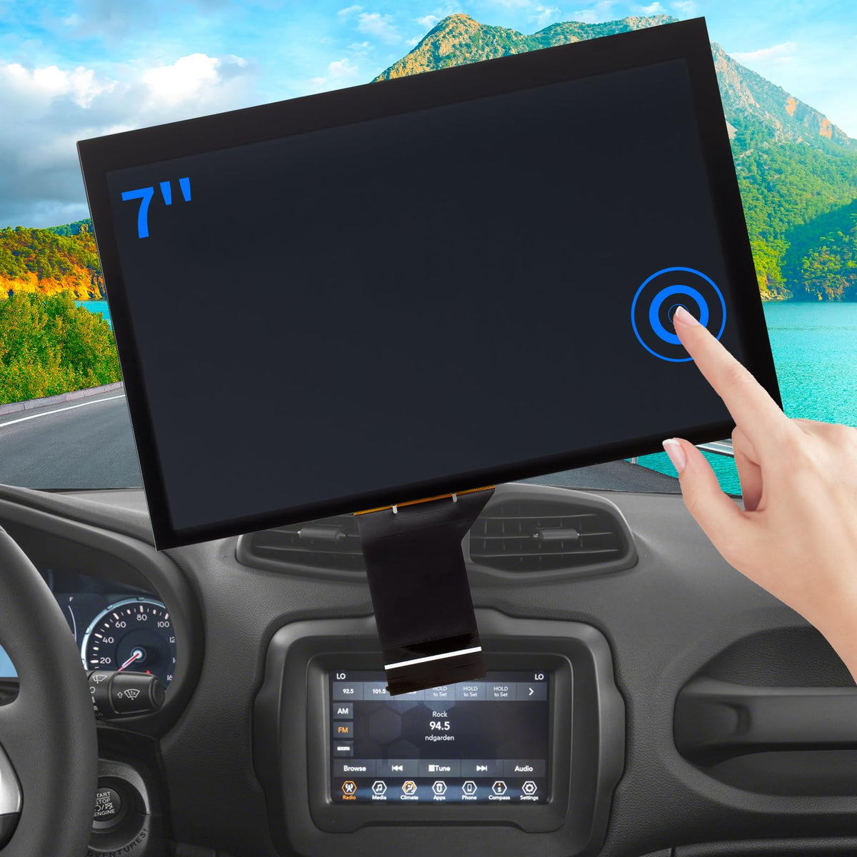 TsuperU front view of 7-inch Uconnect screen showing clear display benefit