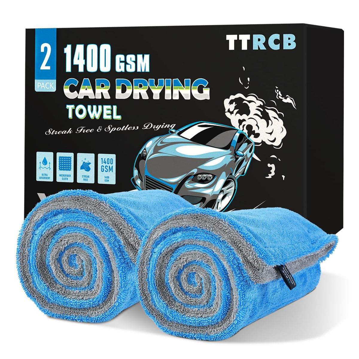 TTRCB front packaging showing two extra-large drying towels and product benefits