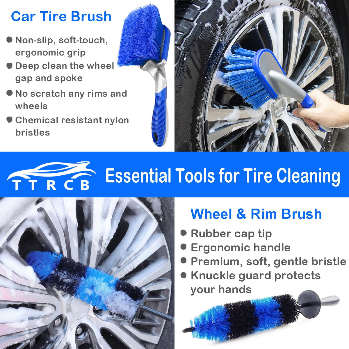 TTRCB long-handle 17-inch wheel brush close-up showing bristles and ergonomic grip benefit