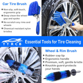 TTRCB long-handle 17-inch wheel brush close-up showing bristles and ergonomic grip benefit
