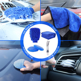 TTRCB wash mitt, microfiber towels and wax applicators flatlay for finishing protection
