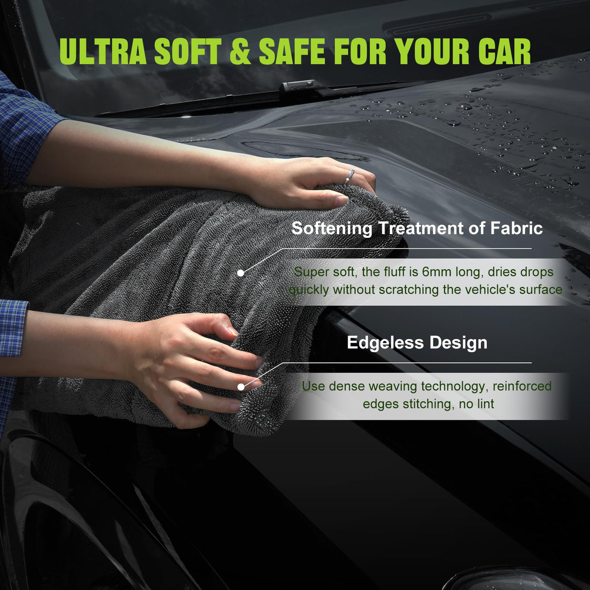TTRCB towel absorbing water on hood showcasing fast drying benefit