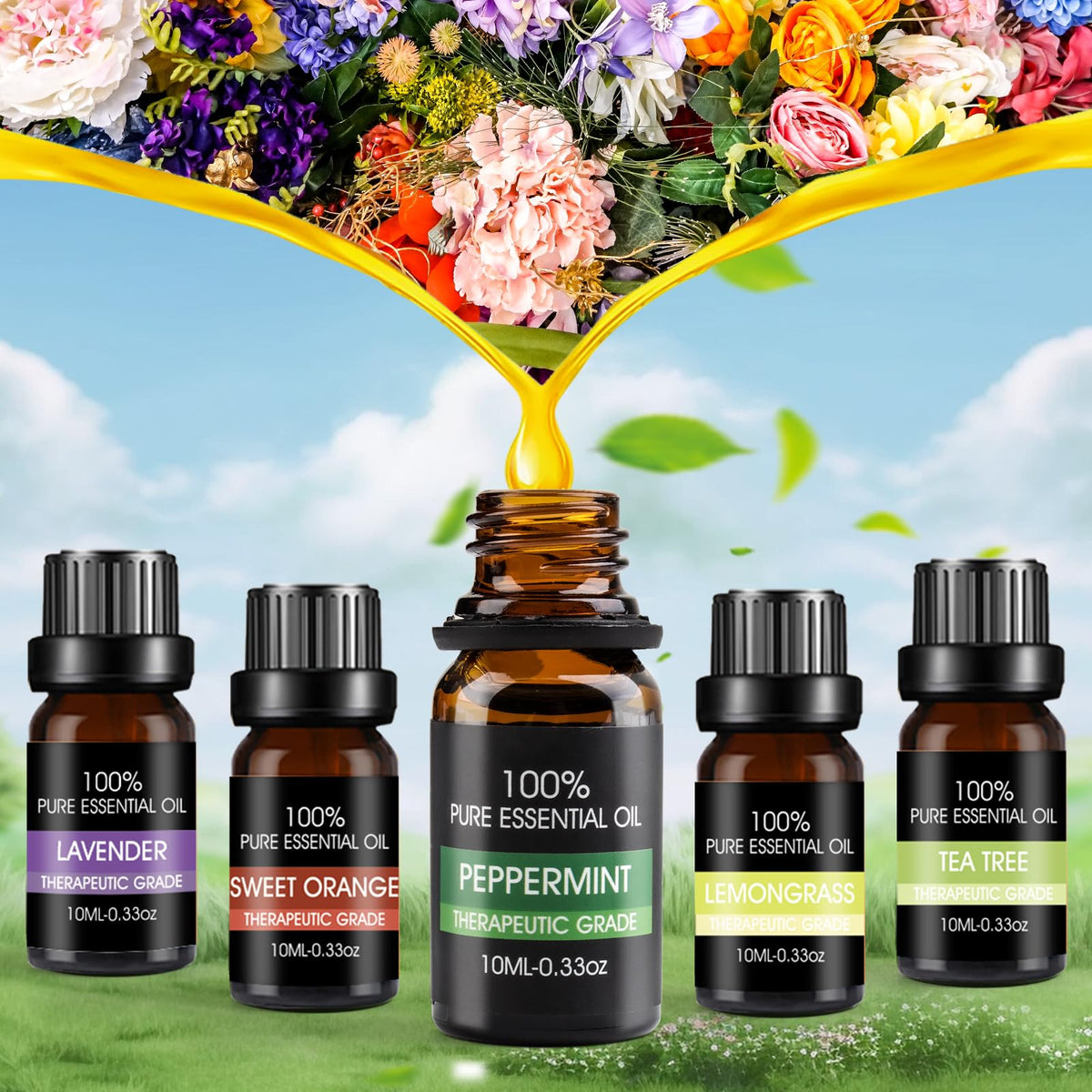 ttstar refill pads and five 10ml essential oils displayed, emphasizes scent variety