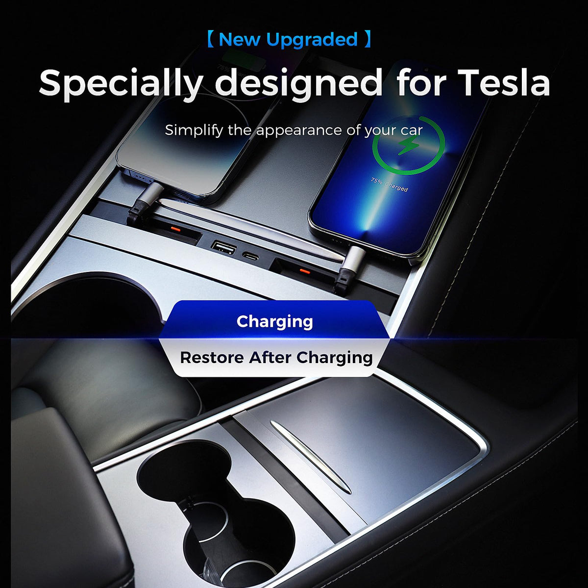 TUDEAO installed in Model 3 console showing flush fit and accessible ports