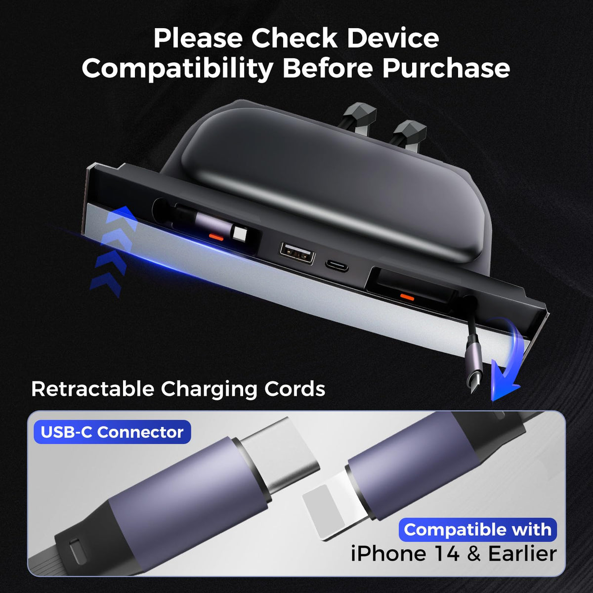 TUDEAO close-up of four ports with cables demonstrating organized charging
