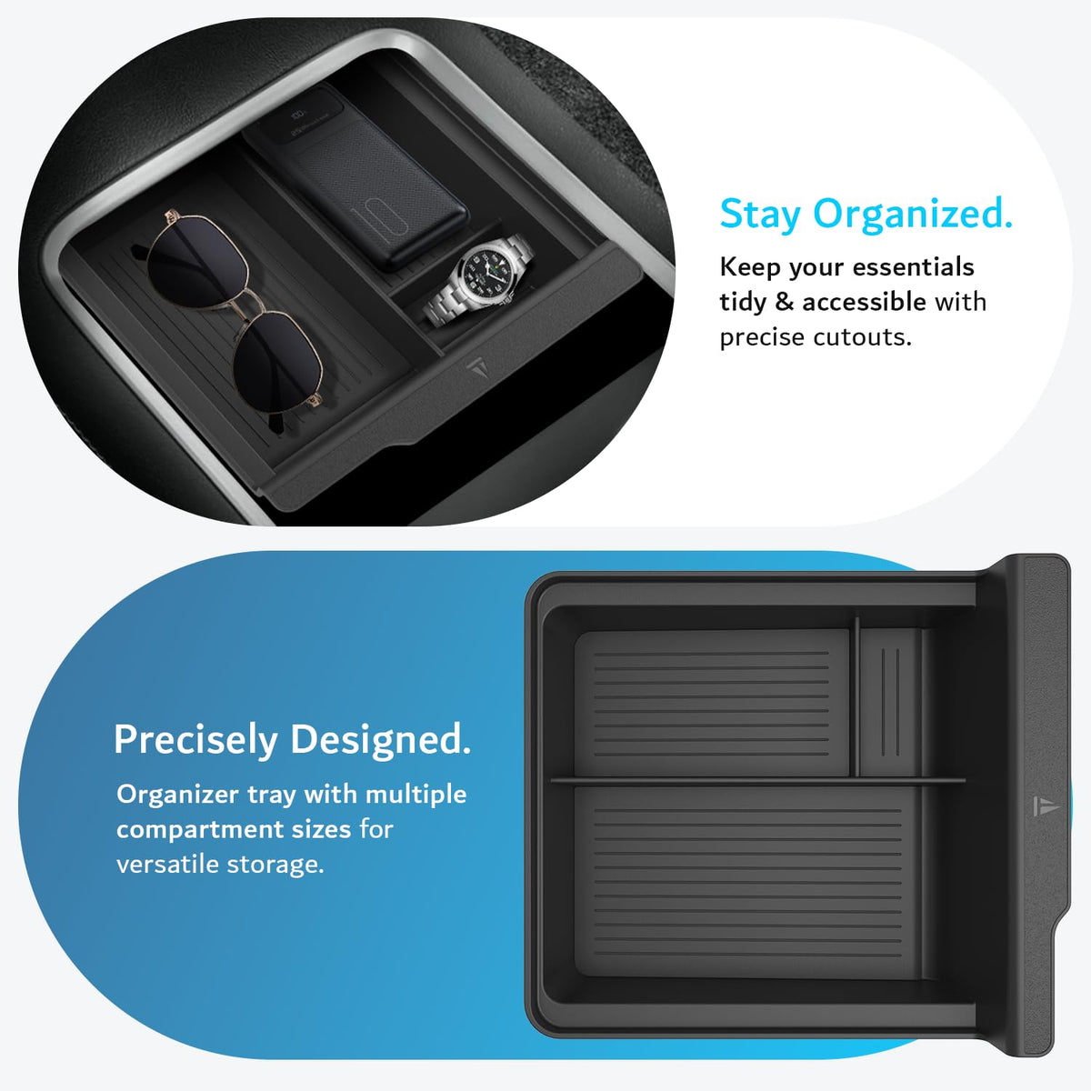 TUDIA installed in Tesla Model 3 console demonstrating tidy organization benefit