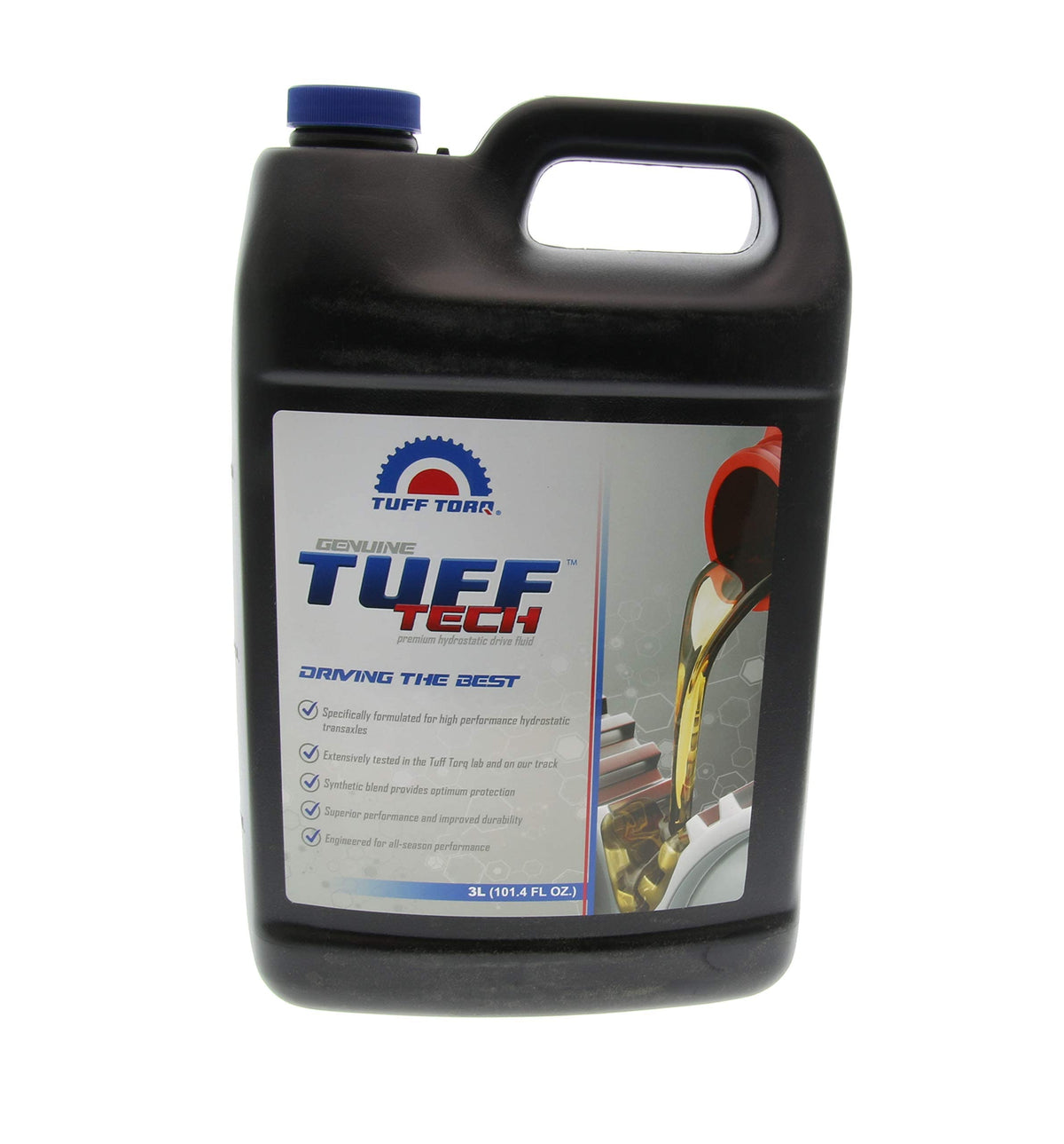 Tuff Torq 3L front bottle showing packaging and easy-pour design for accurate refills