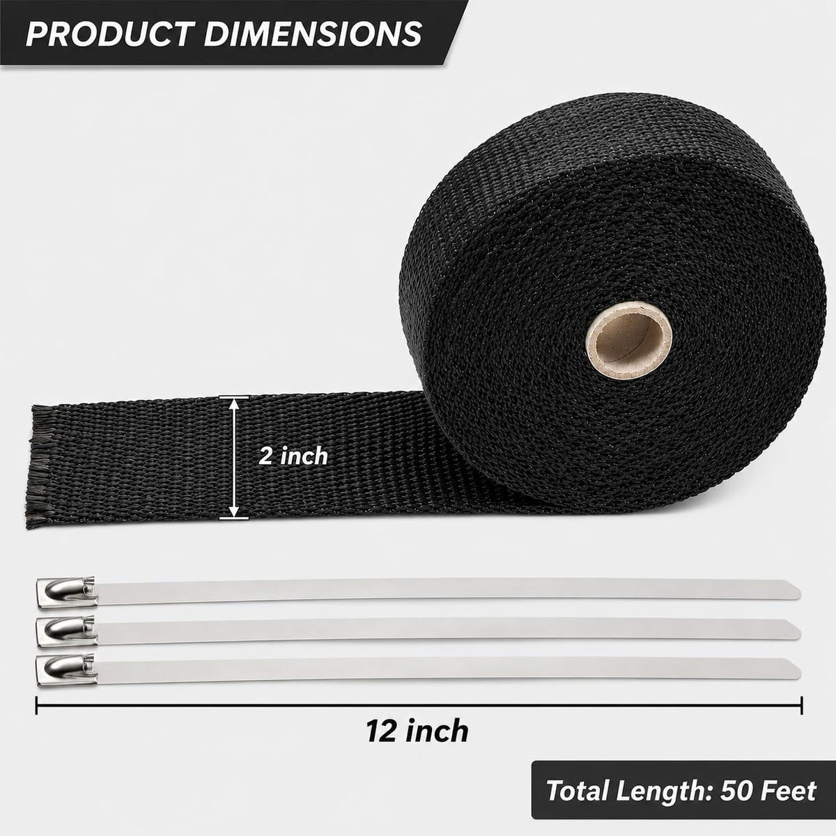 TuhooMall wrap alongside ruler for scale, showing 2-inch width and 50-foot total length