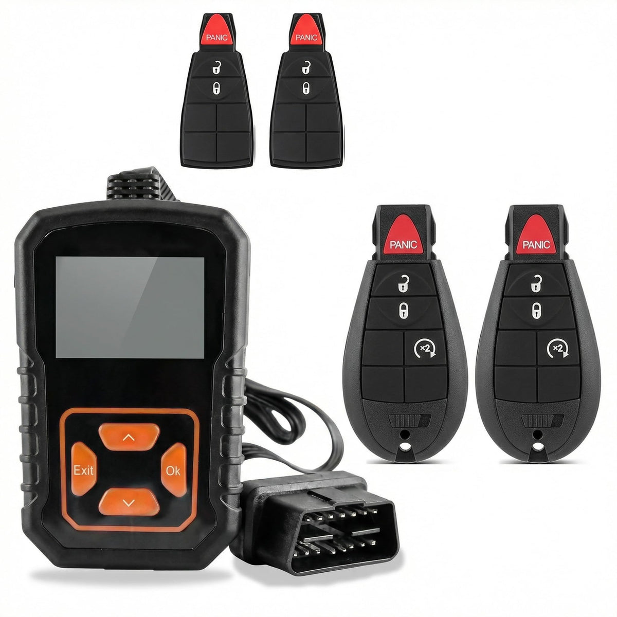 TuhrcIppwrs front packaging showing two Dodge Ram replacement key fobs and kit contents, easy swap benefit