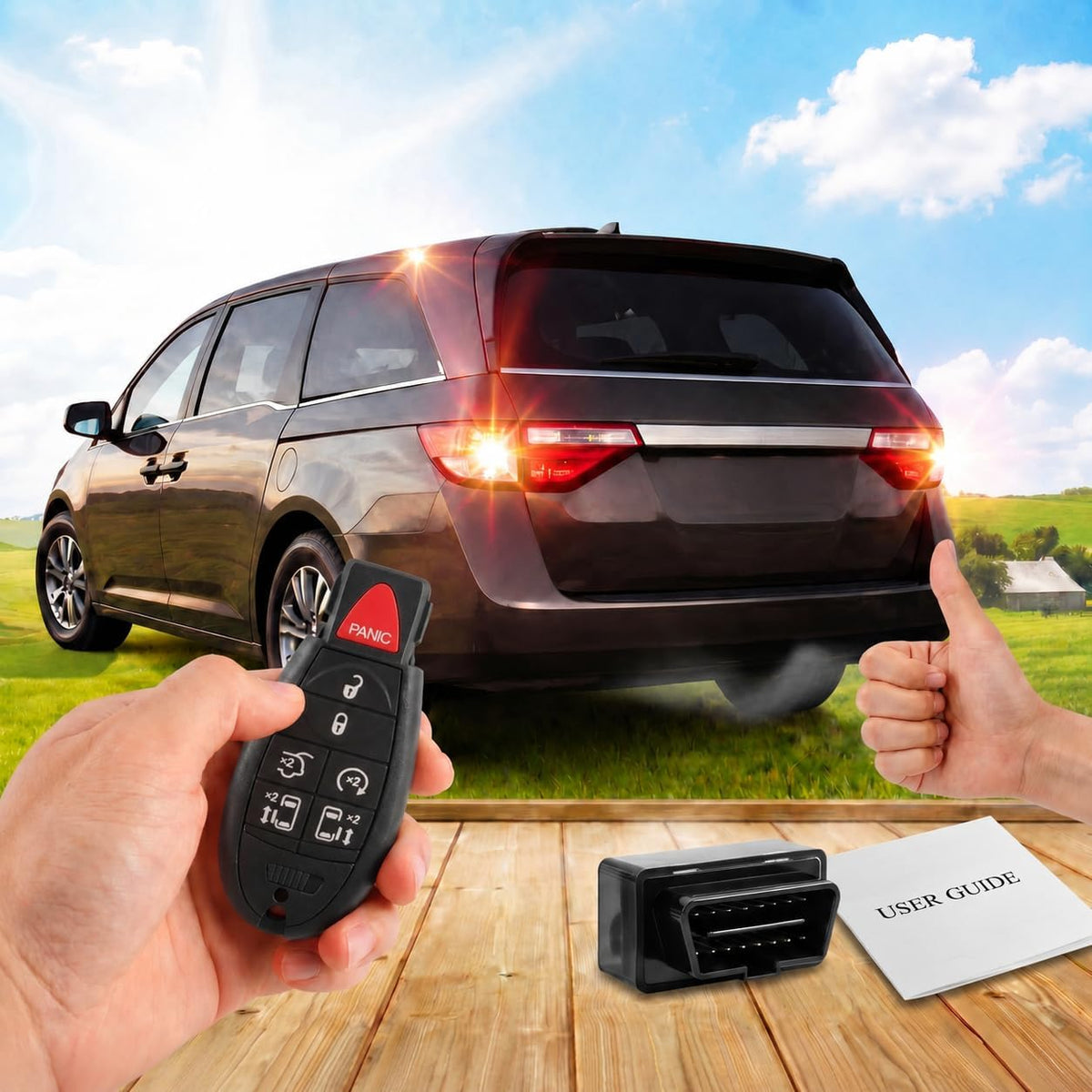 TuhrcIppwrs remote placed on center console illustrating fitted use inside compatible vehicles