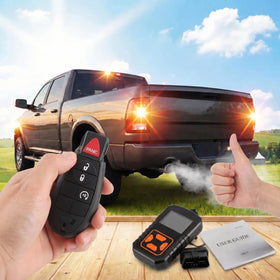 TuhrcIppwrs replacement remote on a Dodge Ram dashboard highlighting in-vehicle programming convenience