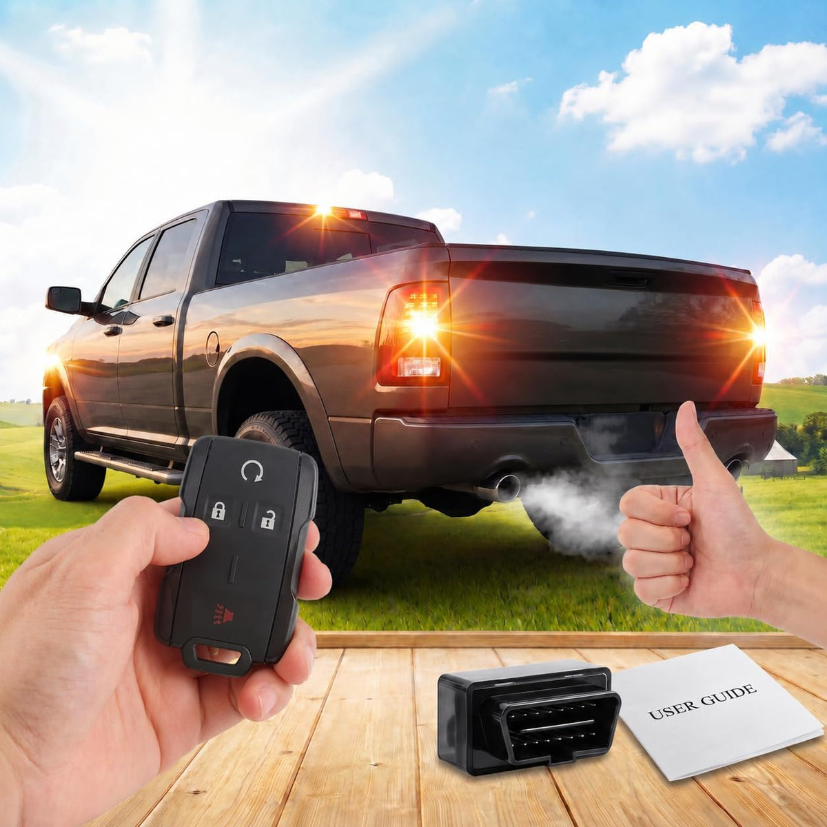 TuhrcIppwrs remote attached to truck keyring in pickup interior showing readiness benefit