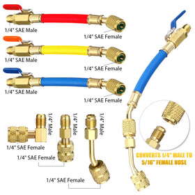 Tujoe charging hose connected to an air conditioner demonstrating safe, hands-on use