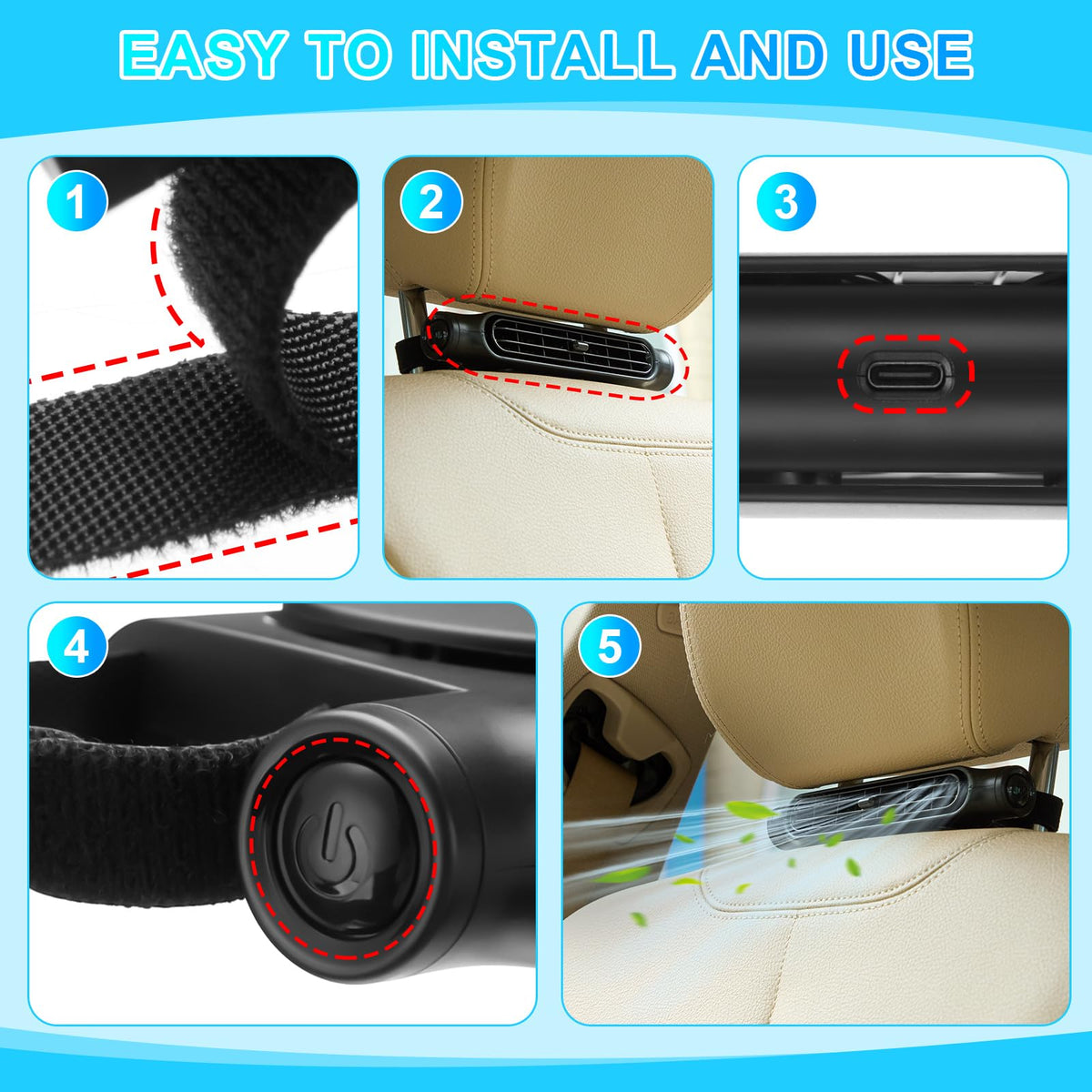 Tujoe fan mounted on front headrest providing directed cooling benefit