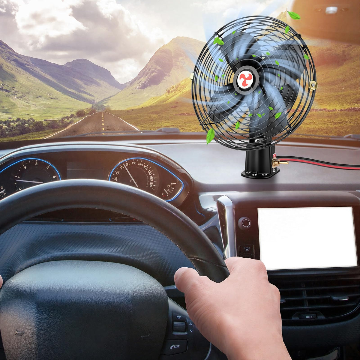 Tujoe fan tilted to show 180-degree swivel offering precise airflow targeting benefit