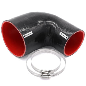 TuoLauthon front view of 90° silicone reducer coupler showing shape and supplied clamps for easy fit