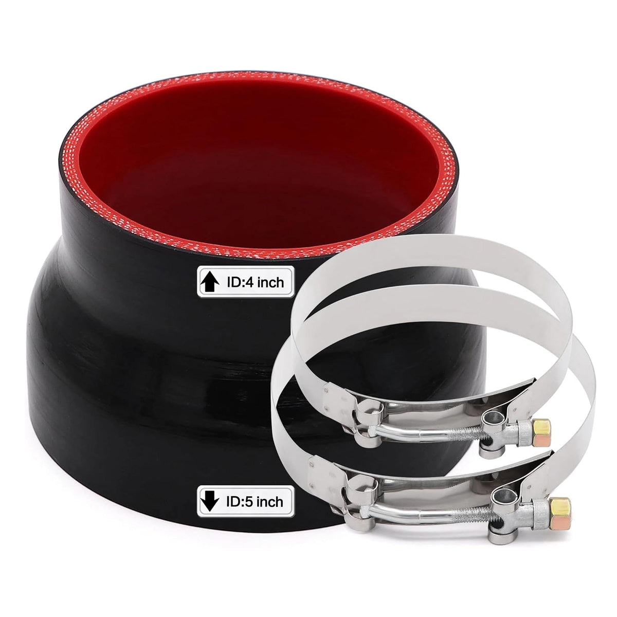 TuoLauthon front view of reducer coupler showing shape and clamps for secure joins