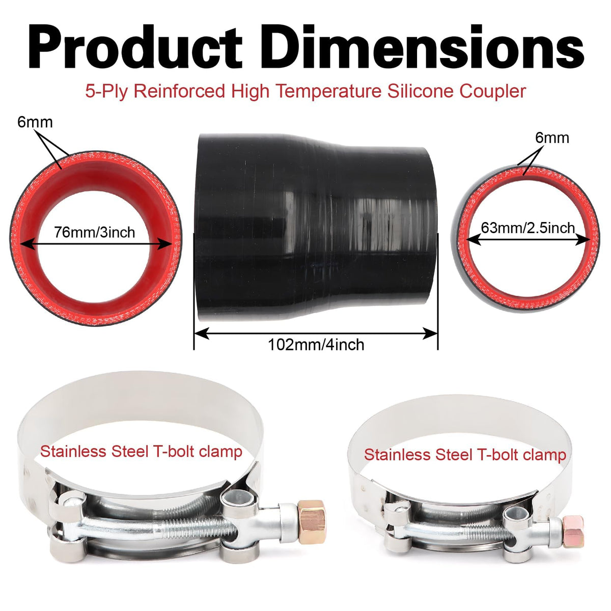 TuoLauthon stainless T-bolt clamps displayed, corrosion-resistant secure fit benefit