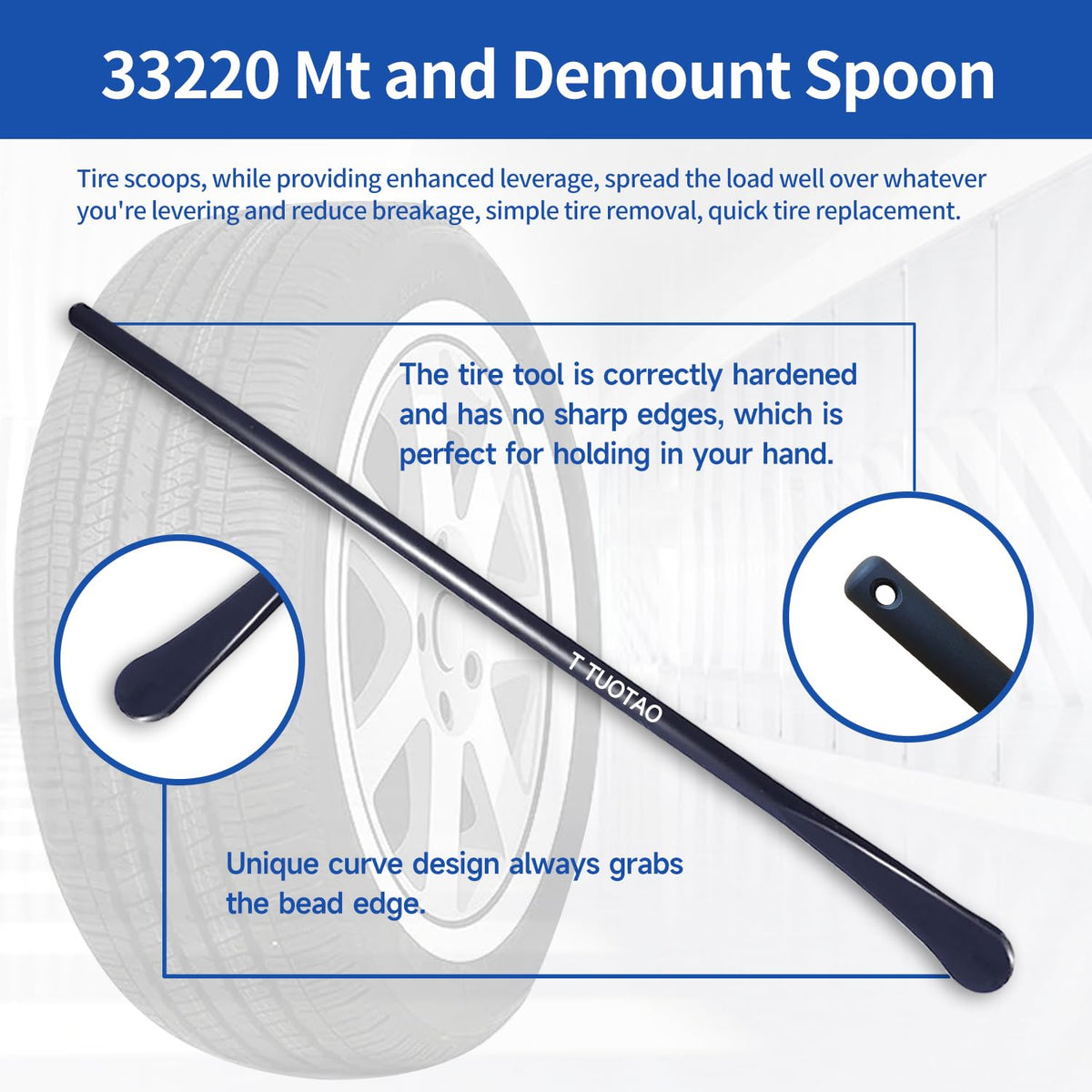 TUOTAO close-up of the curved spoon tip showing rim-safe design and controlled leverage