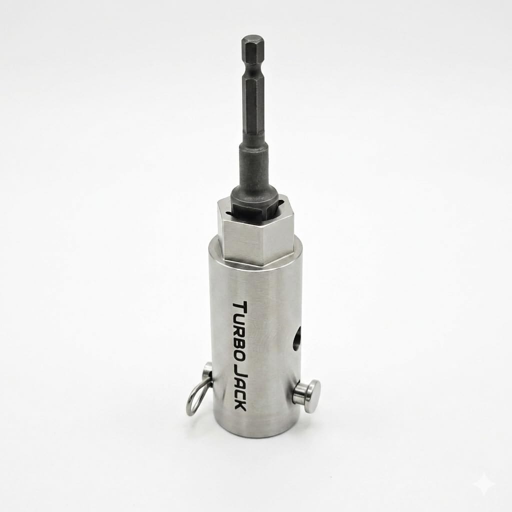 TurboJack attached to trailer landing gear, reduces manual cranking effort