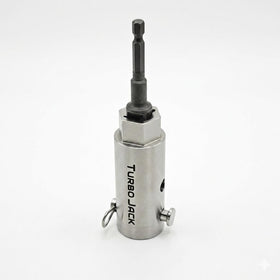 TurboJack attached to trailer landing gear, reduces manual cranking effort