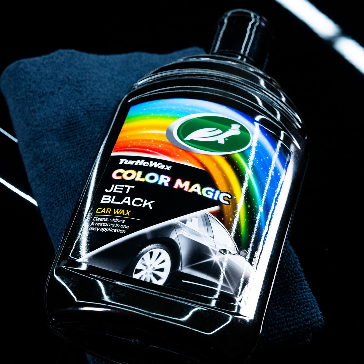 Turtle Wax before and after panel showing deeper black and glossy finish
