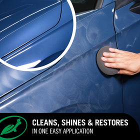 Before and after panel treated with Turtle Wax shows deeper blue and shine
