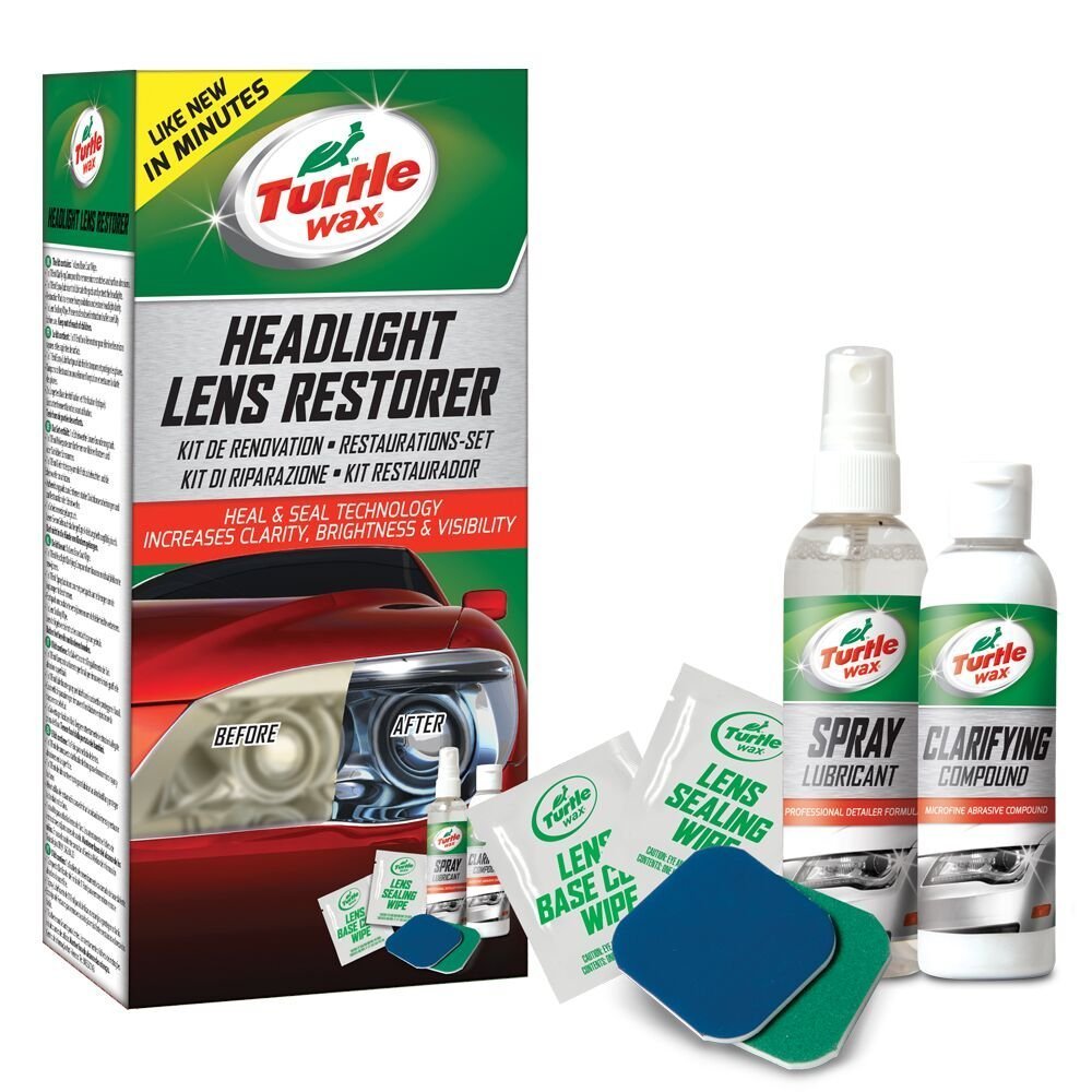 Turtle Wax front packaging showing kit and benefit of restoring headlight clarity