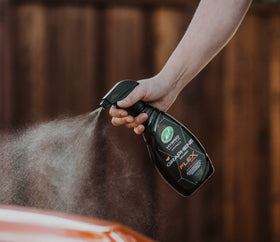 Turtle Wax being sprayed on car paint during detailing for quick shine and protection