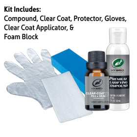 Turtle Wax polishing compound and clear coat resin bottles for restoration