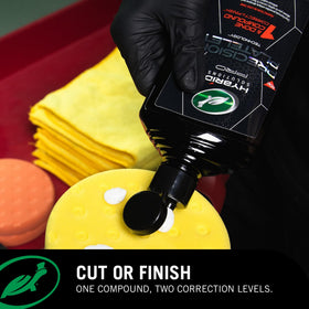 Turtle Wax pouring compound onto pad demonstrating correct application drops