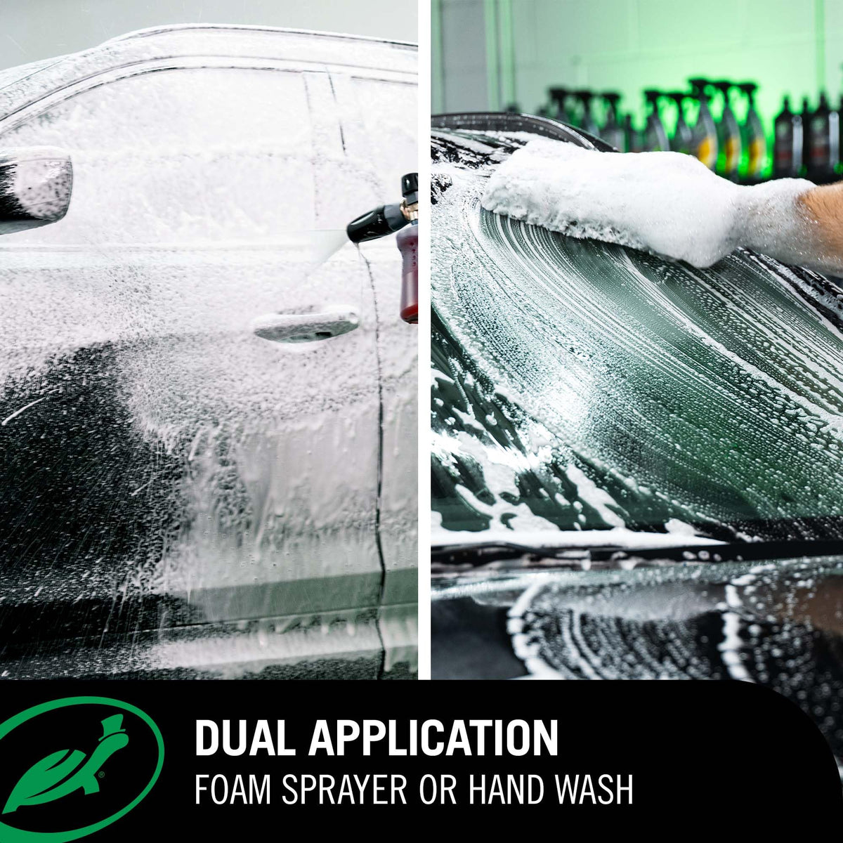 Foam cannon applying Turtle Wax foam evenly for efficient top-to-bottom coverage