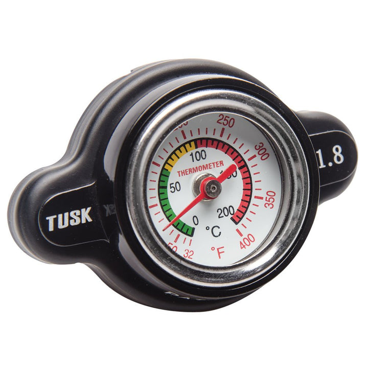 TUSK radiator cap front view showing robust construction and secure fit